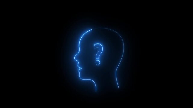 Blue neon profile silhouette of a human head with a question mark inside on a black background human head silhouette