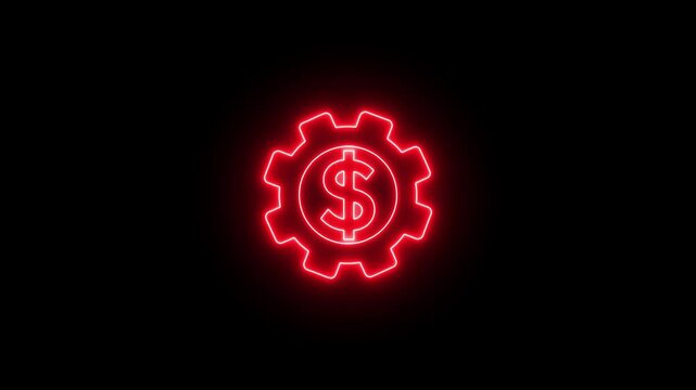 Animated financial optimization and management icon neon glowing featuring a mechanical gear with a dollar sign. automation, business, and investment systems.