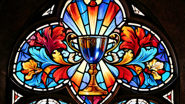 A colorful stained glass window depicting the Holy Grail, set in a sunlit wall of a chapel or cathedral.
