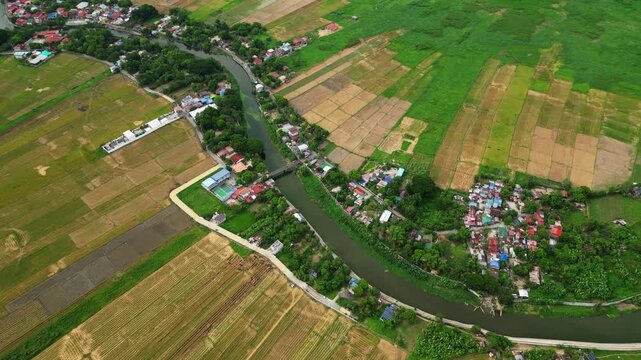 Villa Bernardo Farm. Wide aerial view of a rice farming area in Morong, Rizal featuring local agricultural workers, cultivated fields, and rural Philippine scenery.