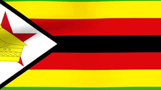 Waving national flag of Zimbabwe with horizontal stripes and emblem