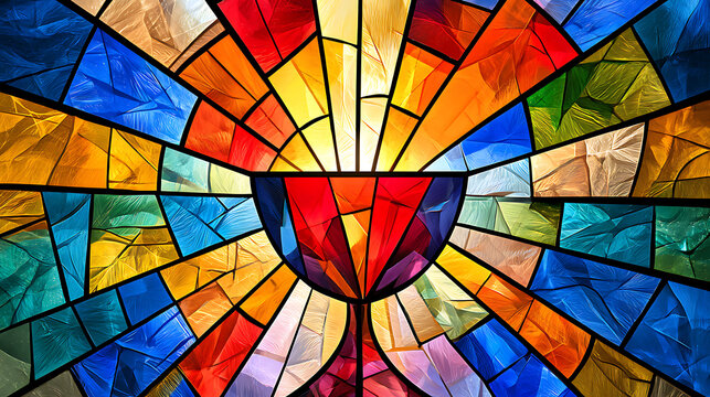 A photograph of a bright and colorful stained glass window depicting the Holy Grail, located in a sunlit wall of a chapel or cathedral.
