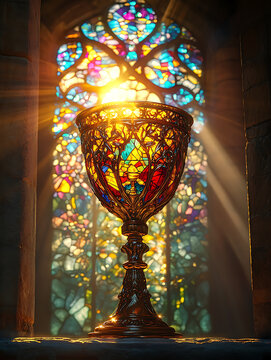 A photorealistic close-up of a vibrant and colorful stained glass window depicting the Holy Grail, set in a sunlit wall of a chapel or cathedral.
