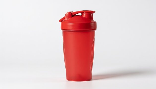red plastic shaker bottle, gym protein shaker, fitness drink bottle, supplement container, workout water bottle, empty shaker cup