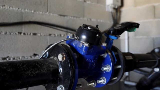 Close-up shot of a heavy-duty blue industrial water meter and control valve installed on a flanged pipe in a basement or utility room.