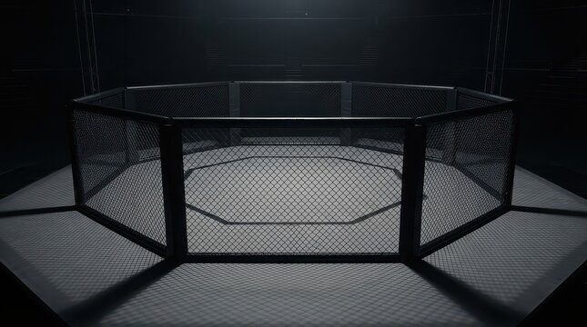 Octagonal MA fighting cage in a dark arena with dramatic lighting combat sports martial arts