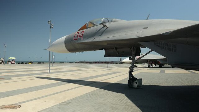 August 8, 2020, Derbent, Russia A fighter jet parked on the tarmac, ready for takeoff or landing