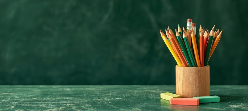 School Stationery Items Pencils in Wood Holder and Erasers Standing on Top Formative School Table.