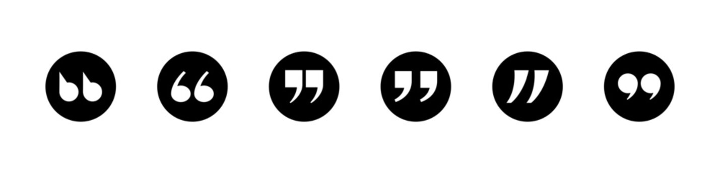 A comprehensive collection of six distinct quotation mark icons meticulously crafted in a classic black and white style suitable for