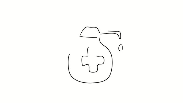 Hand sterilization liquid, hygiene. Contour drawing, silhouett animation. Continuous line. Isolated on white. Video 4k object illustration self-drawing. Object construction. Minimalist continuous line