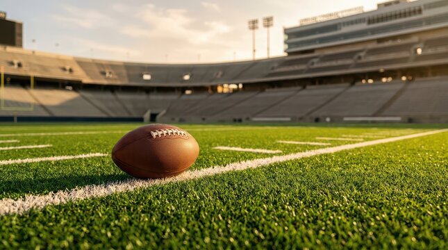 American football on a sunlit stadium field with stadium seating in the background sport