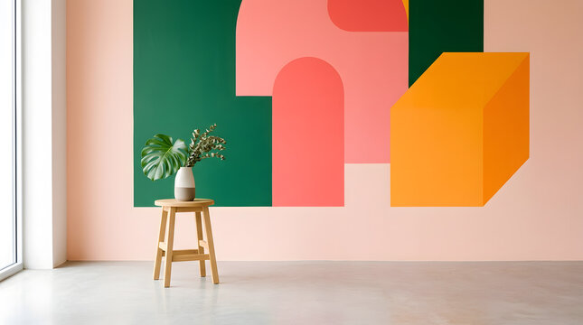 Minimalist interior featuring a wooden stool with a ceramic vase and monstera leaf in front of a colorful geometric mural
