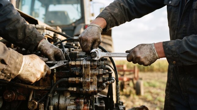 Two mechanics with dirty hands intensely focus on repairing a tractor engine, their skilled hands manipulating tools in a scene that embodies hard work and mechanical expertise.