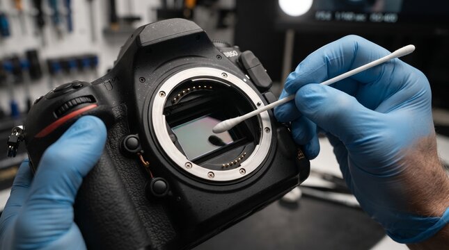 A close-up shot shows a pair of gloved hands carefully cleaning a digital camera sensor with a cotton swab in a dimly lit workshop, highlighting the delicate process of camera maintenance.