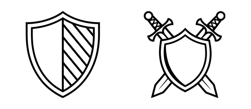 Shield Icons Featuring Striped Patterns and Crossed Swords, Defense, Protection, Medieval Warrior, Security and Heraldic Vector Symbols