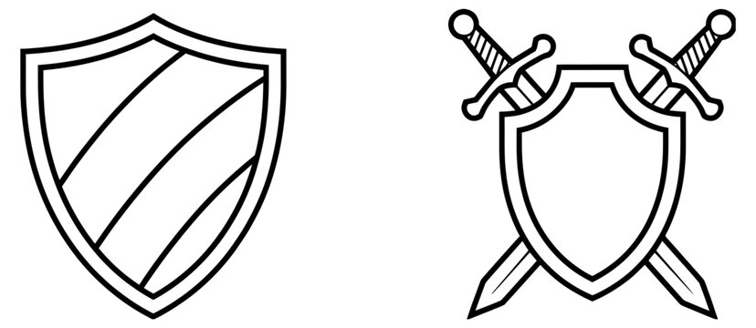 Shield Icons Featuring Striped Patterns and Crossed Swords, Defense, Protection, Medieval Warrior, Security and Heraldic Vector Symbols