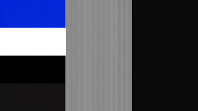Abstract design with blue white and black solid blocks next to vertical thin black lines