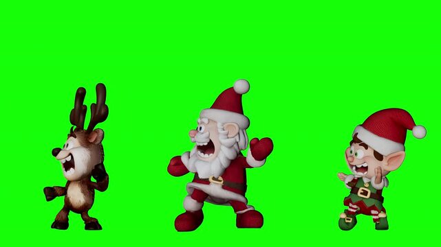 Funny crazy 3D cartoon Santa Claus reindeer and elf dancing together on green screen chroma key. Christmas holiday characters animation compositing overlay. Alpha channel. 3d rendering animation.