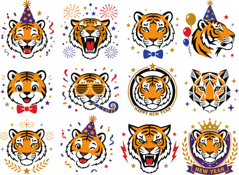 Cartoon tiger head icons set for New Year celebration with party hats and confetti decorations