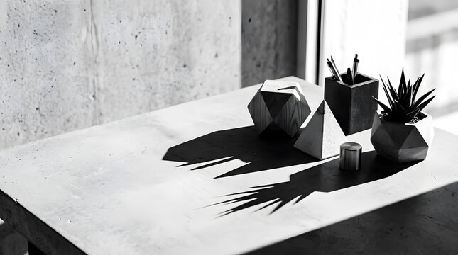 Black and white minimalist workspace with concrete desk, succulent plant, geometric objects, and office supplies featuring dramatic shadows and copy space