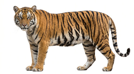 Obraz premium Full Body Side View of Tiger with Orange and Black Stripes on White