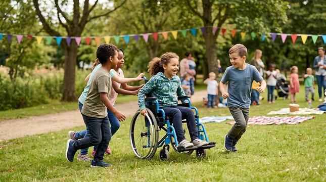 Children playing together in a park with one child in a wheelchair