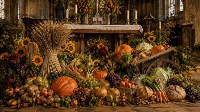 Reich geschm&uuml;ckter Altar einer deutschen Kirche mit K&uuml;rbissen, Brot, Obst, Gem&uuml;se, Getreide und Blumen &ndash; festliche Erntegaben zum traditionellen christlichen Erntedankfest.