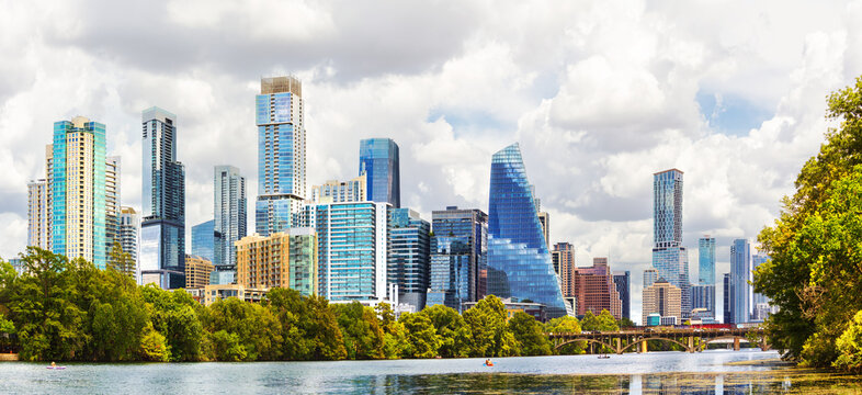 Austin skyline panorama across Colorado River. Austin is the capital city of the U.S. state of Texas