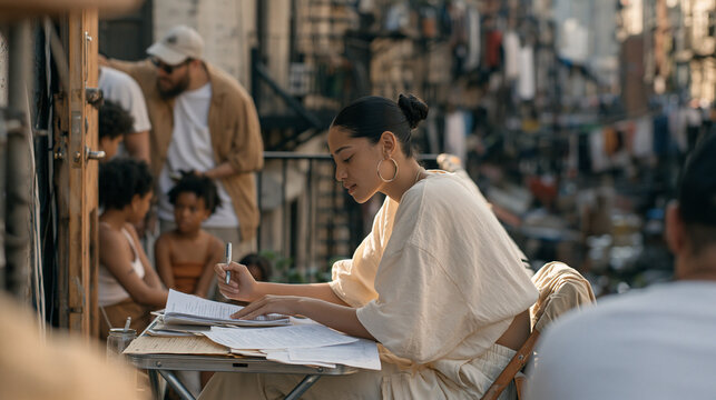 A screenwriter sits on a busy urban fire escape above street level with a family clustered in the doorway behind, script pages and homeless shelter intake paperwork interleaved on