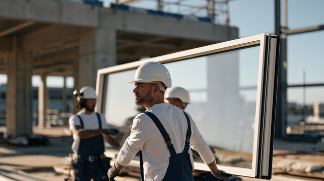 Window fitters carrying a large sealed glazing unit across a desolate construction site with no other workers in sight, group dynamic of three installers coordinating movement in