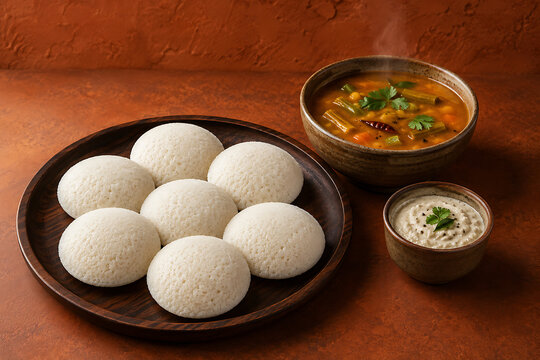 Traditional breakfast of soft idlis paired with flavorful sambar and coconut chutney specially prepared for happy onam south indian festival in kerala