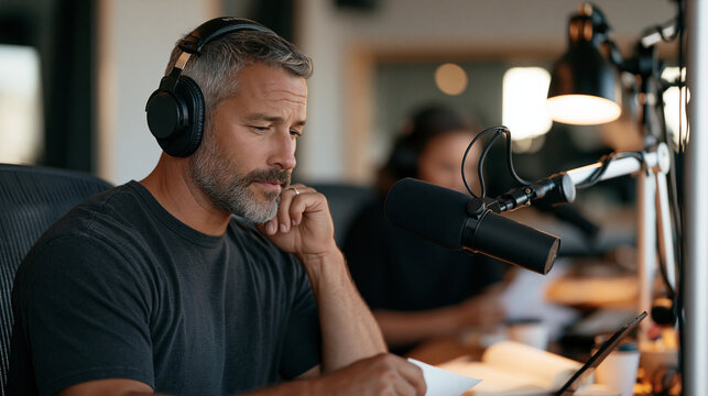 A dubbing voice actor sits in a twilight recording booth, the before-and-after concept captured in his shifting expression from strain to gentle patience as he narrates a special
