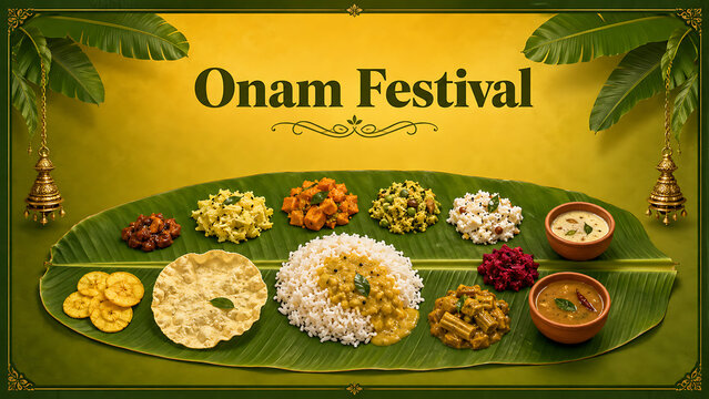 Grand vegetarian sadya feast beautifully arranged on a green banana leaf to celebrate happy onam the renowned south indian festival in kerala
