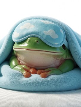 Cute green frog slepic under blue blanket with cloud print sleep mask. Funny amphibian rests in cozy bed for nap. Relaxed toad enjoys peaceful rest, quiet bedtime, midday snooze in soft fabric