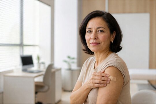 Middle-aged woman with bandage on upper arm in clinic office after vaccination