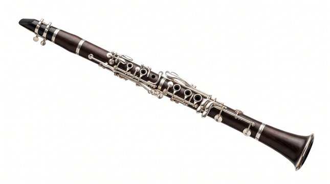 Acoustic Clarinet Elegance: A finely crafted wooden clarinet, showcasing its intricate silver keys and polished finish, ready to fill the air with melodic music.