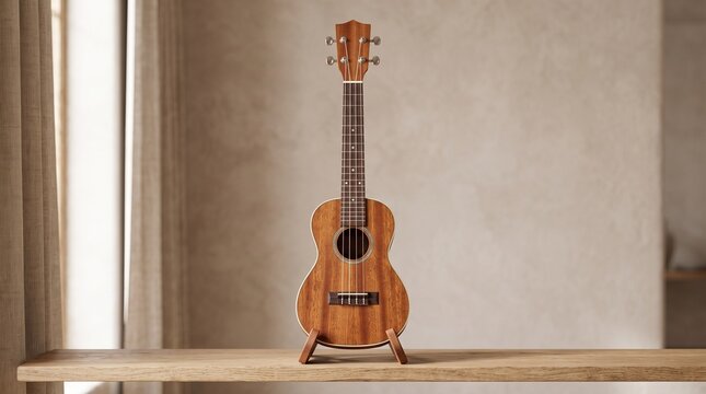 Acoustic Ukulele on Display: A finely crafted acoustic ukulele with a warm wood finish rests on a stand, bathed in soft, natural light, evoking a sense of calm and creative inspiration.