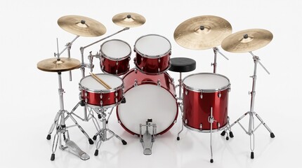 Fototapeta premium Complete Drum Kit: A professional drum set, gleaming with a rich red finish, stands ready for a musical performance, complete with cymbals, snare, tom-toms, and bass drum.