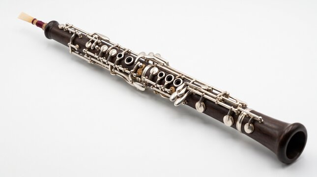 Oboe Musical Instrument: A detailed close-up showcases an oboe, a sophisticated woodwind instrument, highlighting its intricate keywork and polished wooden body, poised for melodic expression.