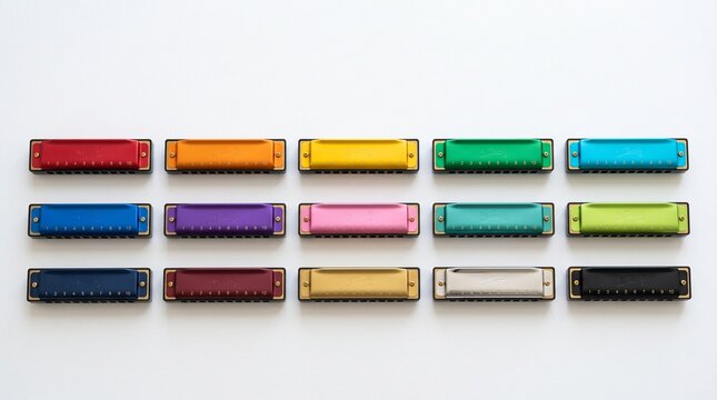 Harmonicas Galore: A vibrant collection of harmonicas in various colors arranged in neat rows, ready to play a melody.
