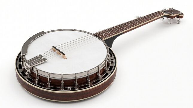 Banjo Musical Instrument: A classic banjo musical instrument, showcasing its polished wooden body, metal hardware, and intricate strings, ready to serenade with its distinctive sound.