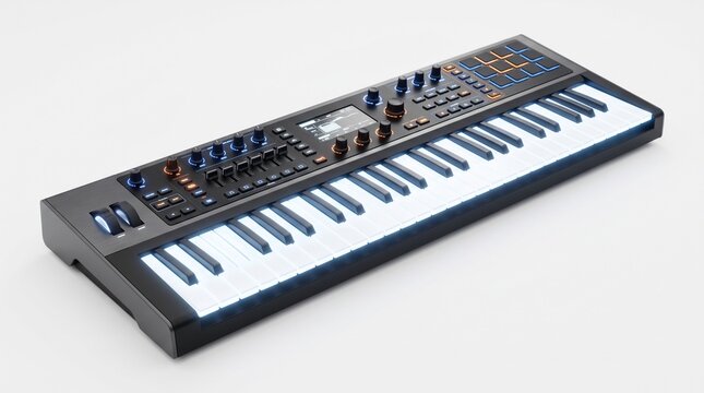 Modern Synthesizer Keyboard: A sleek, modern synthesizer keyboard with illuminated keys and a variety of control knobs, ideal for music production and performance.