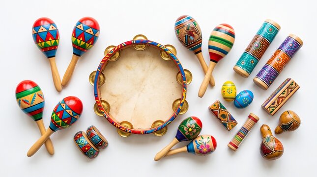 Colorful Percussion Instruments: A vibrant collection of traditional Latin American percussion instruments, including maracas, tambourines, and shakers, arranged artfully on a white surface.