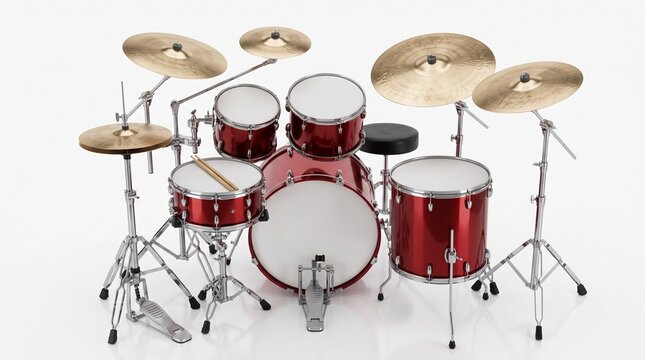 Complete Drum Kit: A professional drum set, gleaming with a rich red finish, stands ready for a musical performance, complete with cymbals, snare, tom-toms, and bass drum.