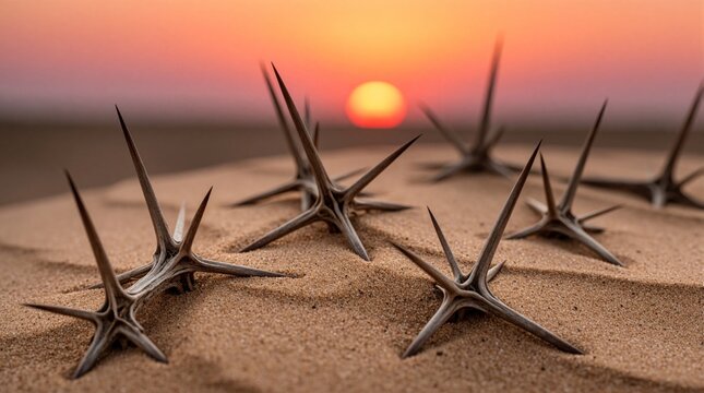 Sharp thorns stick out from dry desert sand at sunset. Close up macro view of prickly plant spikes on orange dunes. Golden hour light creates dramatic texture on arid ground. Wild nature background
