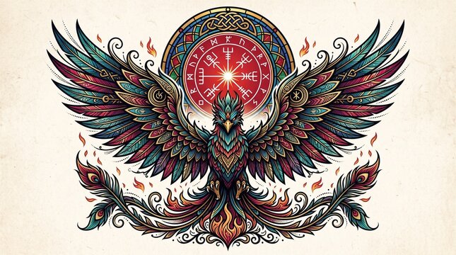 A vibrant phoenix rises with outstretched wings beneath a glowing Vegvisir runic symbol, detailed in intricate tribal and Norse motifs.