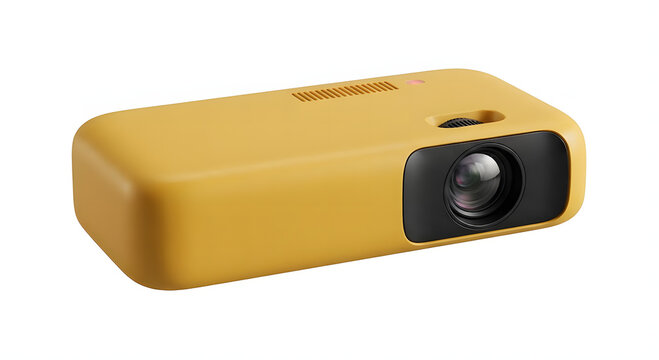 3D render of a portable mini movie projector isolated on white background.Modern minimalist video projector with optical lens for cinema streaming.