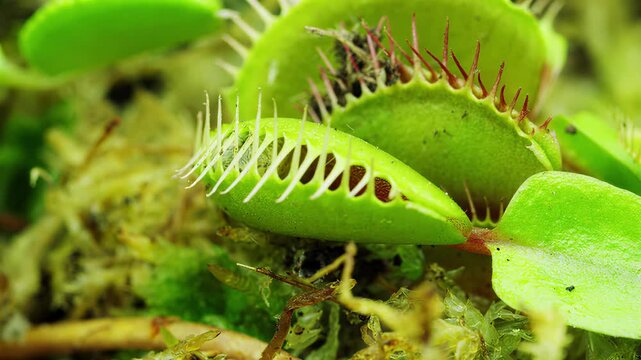 Close-up of a Venus flytrap plant with its traps open and closed