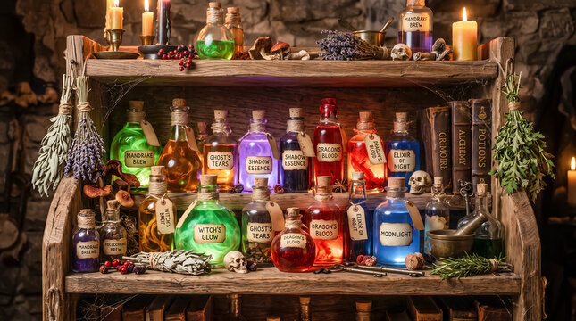 Wooden apothecary shelf with mystical witch potion bottles skulls candles herbs and old grimoire books in dark cellar. American carnival for Halloween celebrating concept with copy-space.
