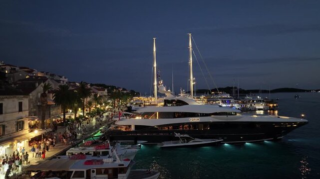 Hvar Luxury Yacht At Night On The Waterfront, Croatia